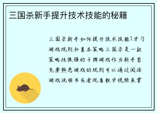 三国杀新手提升技术技能的秘籍